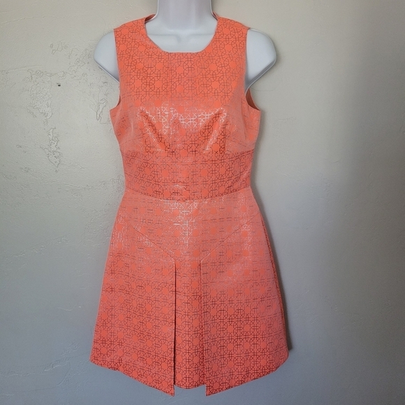 Tibi Sz 0 Neon Coral with Silver Tinsel Thread Sleeveless Dress 70s Retro - Picture 1 of 10